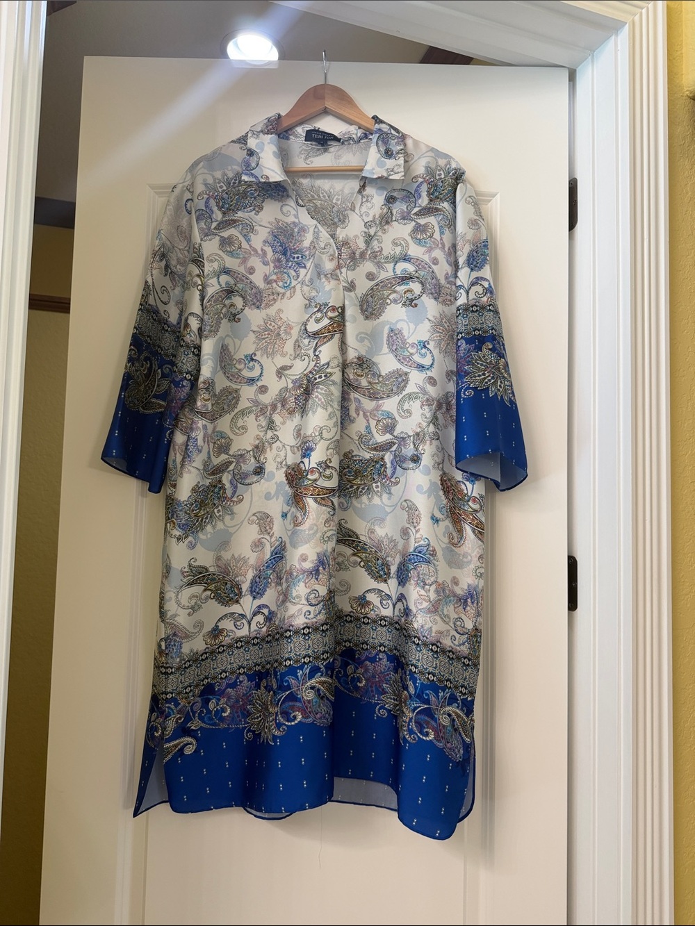 Teri Jon White and Royal Blue Paisley Button-Down Tunic